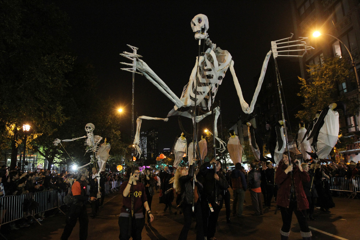 A giant spider monkey skeleton puppet