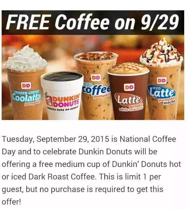9/29 Dunkin Donuts 提供免费咖啡一杯